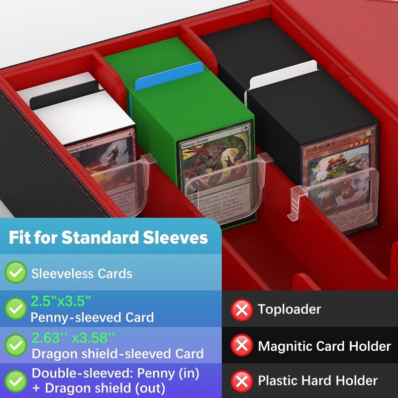 Gomyrod Card Deck Case for 1800+ Sleeved Cards, Trading Card Storage Box with 15 Dividers & 3 Stoppers, Magnetic Closure Commander Deck Box Fit for TCG/MTG/Baseball/Sport Cards, Black & Red - Image 3